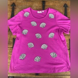 Quacker Factory Pink Short Sleeve Tee with Silver Shell Embellishments